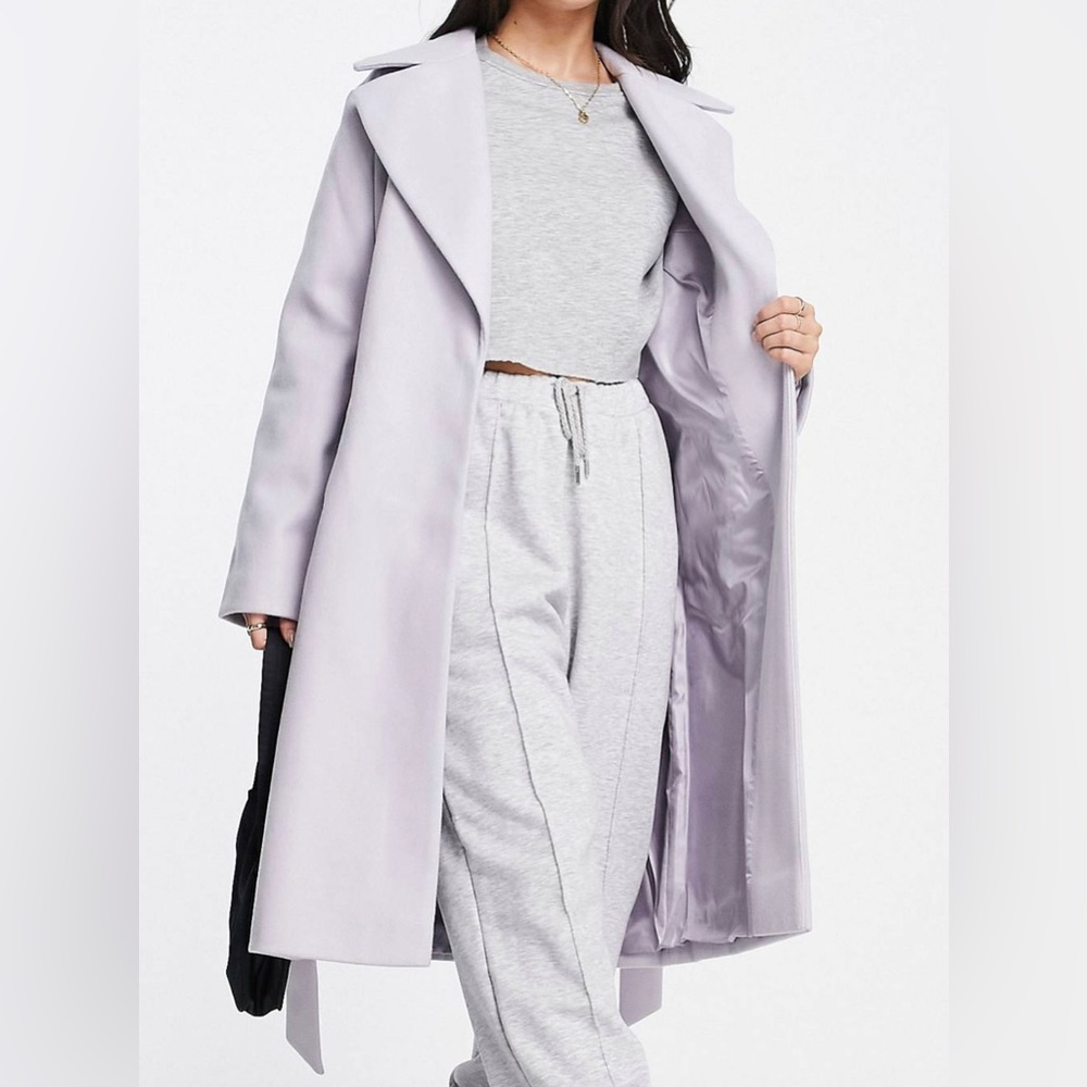 Miss Selfridge tie waist wrap midi coat in lilac
